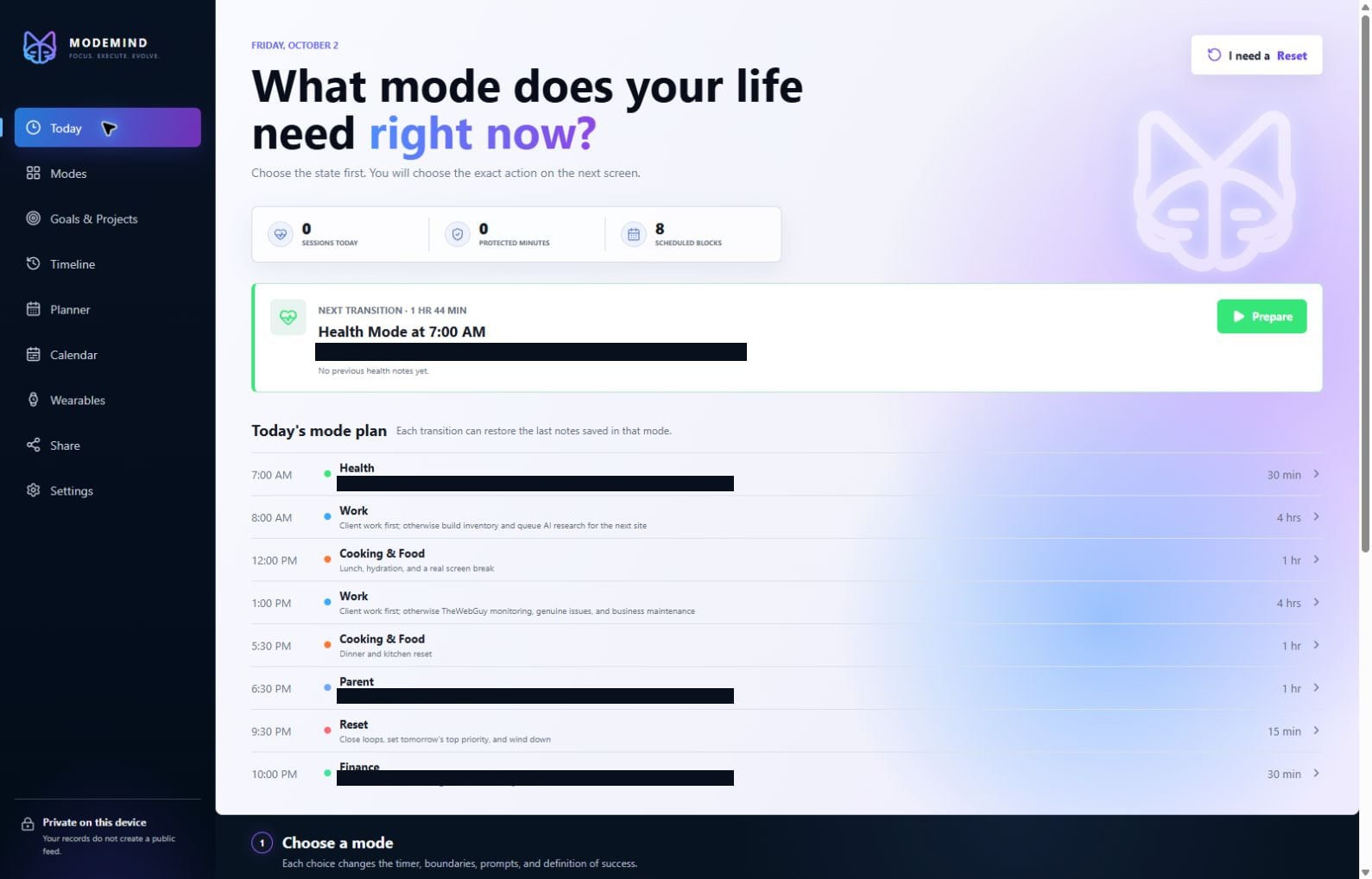 Signed-in ModeMind Today page showing the current day and scheduled mode blocks